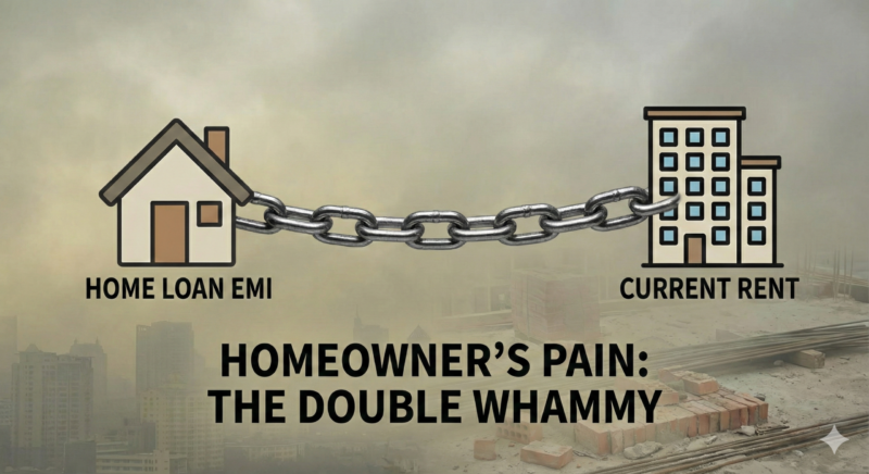 A split icon showing a house with "EMI" on one side and an apartment building with "RENT" on the other, connected by chains.
