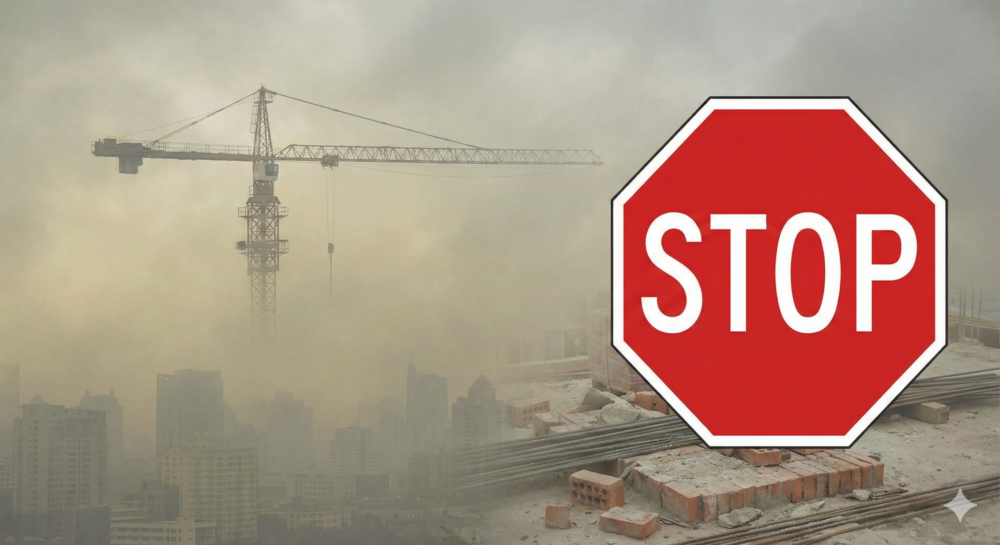 A powerful image of a construction crane half-hidden in thick smog. A large red "STOP" sign overlay or graphic